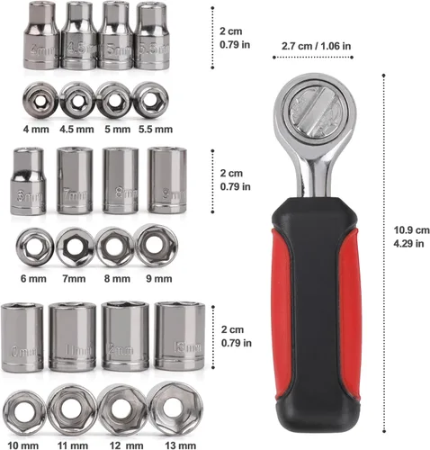 Vista 3 de Apollo Tools - Juego de llaves métricas de 13 piezas de ¼ de pulgada, incluye mango de trinquete de interruptor de retroceso fácil de 1/4 pulgadas