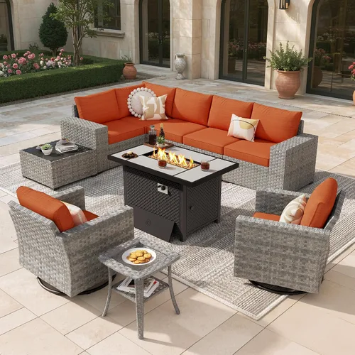 Vista 24 de Juego de muebles de patio de 6 piezas, sofá modular de mimbre para exteriores con mesa auxiliar, cómodos cojines, moderno sofá modular de ratán