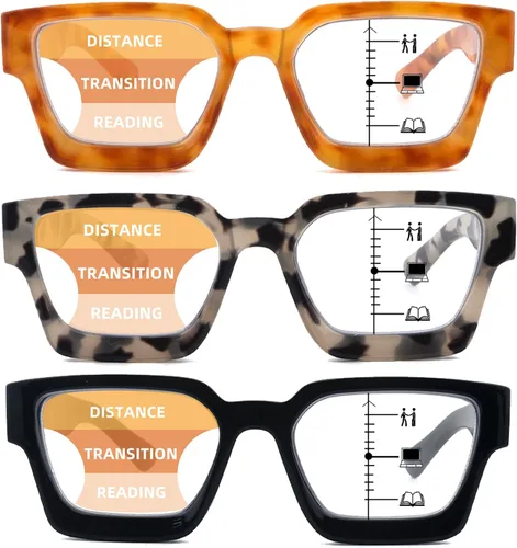 Vista 2 de Paquete de 3 gafas de lectura multifocales progresivas para mujer, retro, cuadrados, multienfoque, lentes para computadora con luz azul