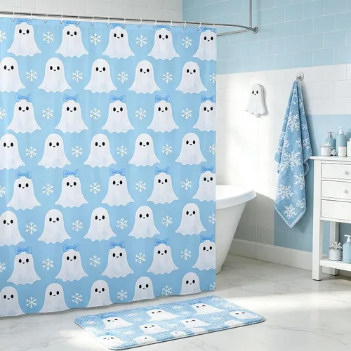 Vista 27 de Happy Halloween Shower Curtain,Bowknot Snowflake Pattern Bathroom Curtains,Sweet Ghost Holiday Theme Waterproof Bath Curtain,Black Bathroom Curtains