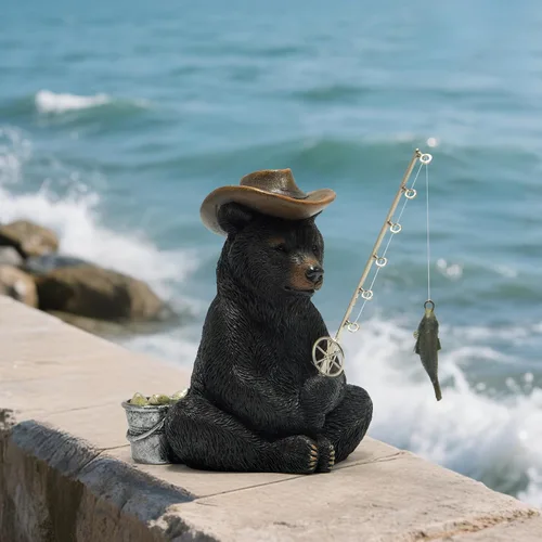 Vista 6 de Hodao Figuras de pesca de oso negro, decoración de oso de verano, manualidades para decoración de escritorio de oficina en casa, estatua