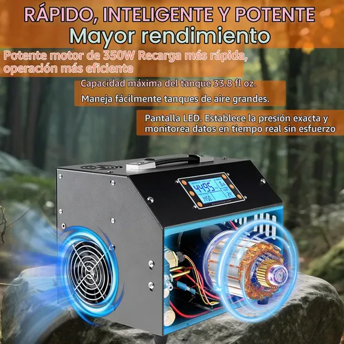 Vista 2 de TUXING Compresor de Aire PCP, Versión con Pantalla LCD, Parada Automática 4500Psi/30Mpa, Sin Aceite/Agua, Bomba con Transformador/Sistema de Drenaje