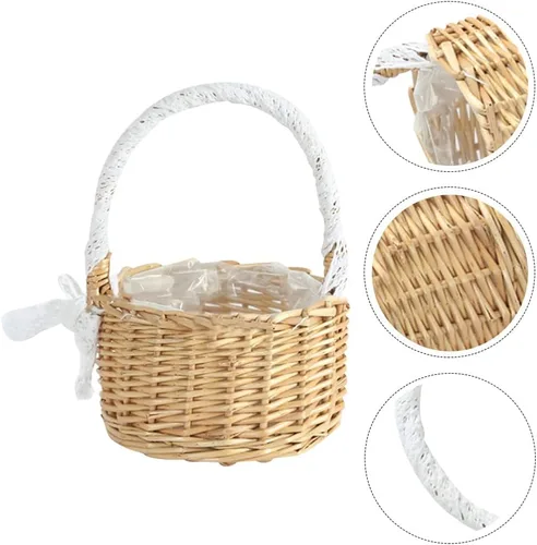 Vista 5 de Yardwe Cesta de niña, cesta de boda, cesta de mimbre con cinta, para boda, Pascua, cumpleaños