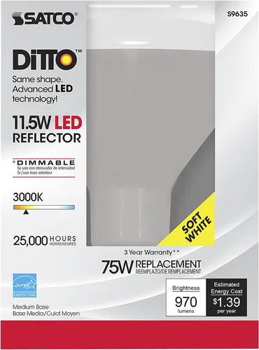 Vista 2 de Satco S9635, 11.5 W, 3000K, ángulo de haz de 103 grados, base media, 120 voltios, regulable, bombilla LED BR40