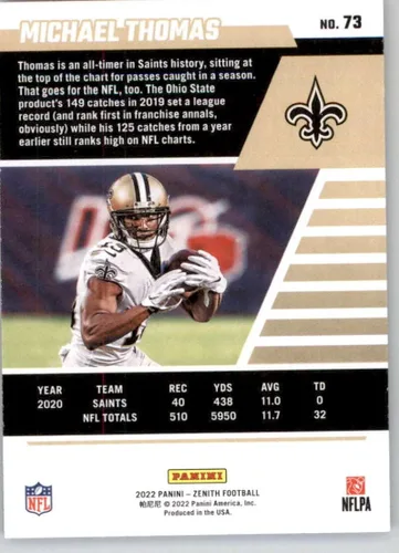 Vista 2 de Football Trading Card NFL 2022 Panini Zenith Retail #73 Michael Thomas NM Near Mint Saints