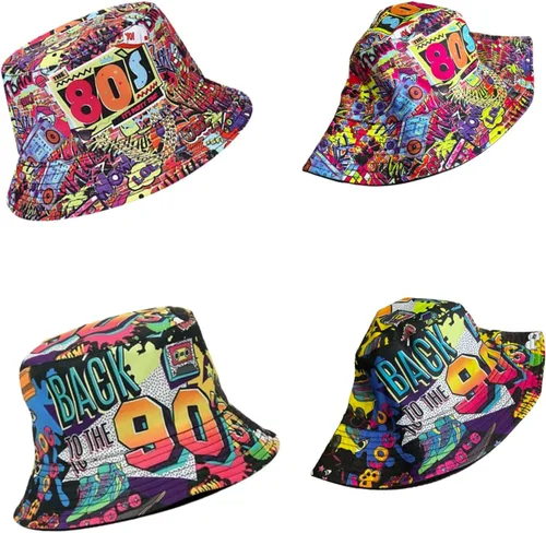 Vista 7 de Paquete de 12 sombreros retro de los años 80 y 90 con lentes de sol neón, divertido juego de sombreros de fiesta temática de los años 80 y 1990, kit