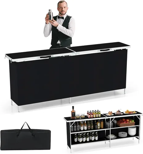 Vista 10 de Giantex Mesa de bar portátil para eventos, estación móvil plegable con estantes de almacenamiento, falda de privacidad extraíble, funda de Negro