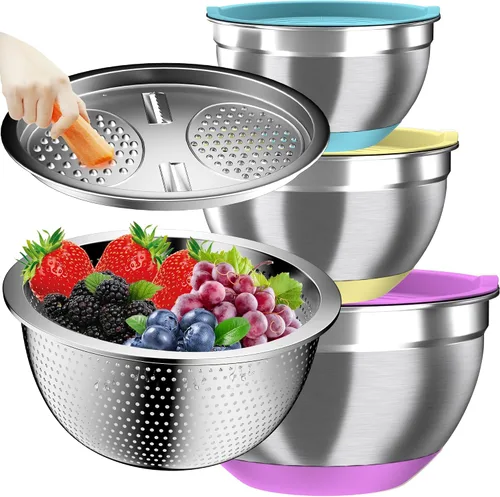 Vista 8 de Nicdiet - Juego de cuencos de mezcla con tapas herméticas, juego de cuencos de mezcla de acero inoxidable con 3 cuencos anidados de metal, colador