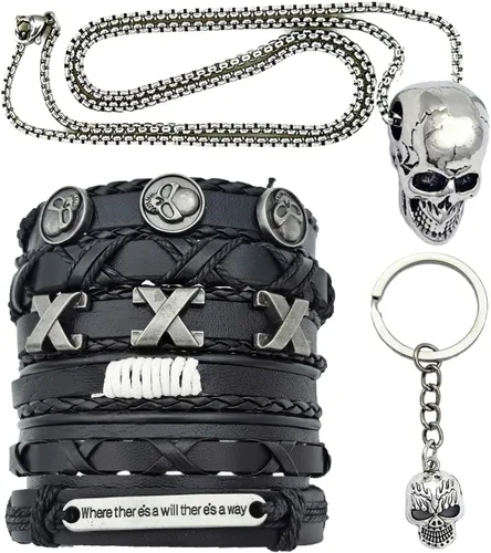 Vista 10 de Juego de 8 pulseras de cuero punk para hombres y mujeres, 6 puños trenzados de poliuretano, collar y llavero, ajustable, apilable