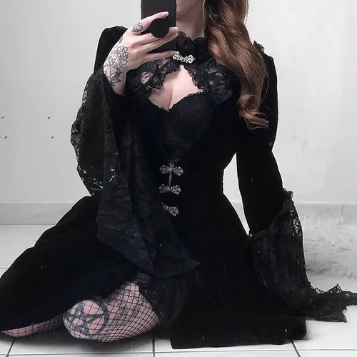 Vista 3 de Vestido gótico sexy para mujer, disfraz de noche de discoteca, cuello hueco, vestido de manga larga, vestido de encaje con dobladillo alto y bajo