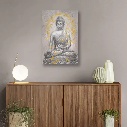Vista 3 de Yidepot Lienzo decorativo de Buda para pared, lámina dorada: estatua zen con textura de flor de loto para budismo, decoración de pared, carteles