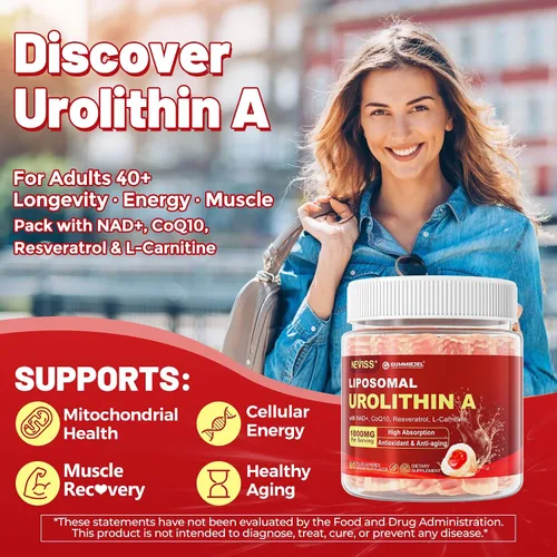 Vista 3 de Gomitas de urolitina A para longevidad y energía muscular, suplemento liposomal de urolitina A+ de 1000 mg con NAD+, CoQ10, resveratrol