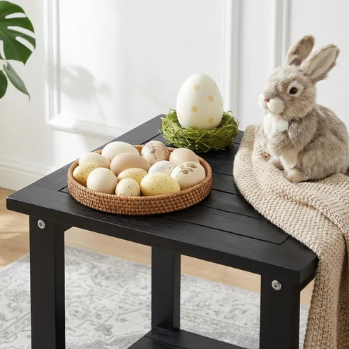 Vista 2 de Mesa de acento Adirondack negra para exteriores – Mesa auxiliar de madera de acacia resistente a la intemperie con almacenamiento doble, pequeña