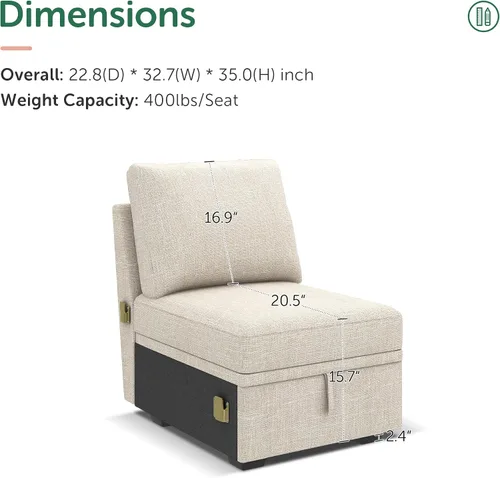 Vista 3 de HONBAY - Asiento individual para sofá cama modular con cama extraíble, sillón sin brazos personalizable para sofá modular, color beige