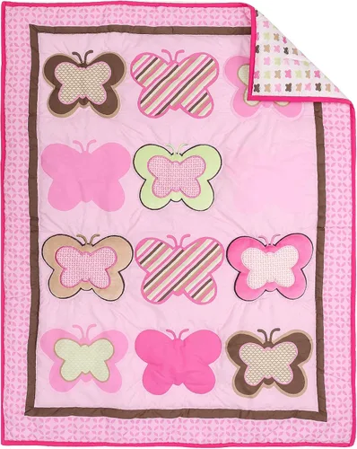 Vista 2 de Brandream Juego de ropa de cama de cuna de mariposa rosa para niñas, diseño de retazos bordados de animales y guardería con rayas coloridas