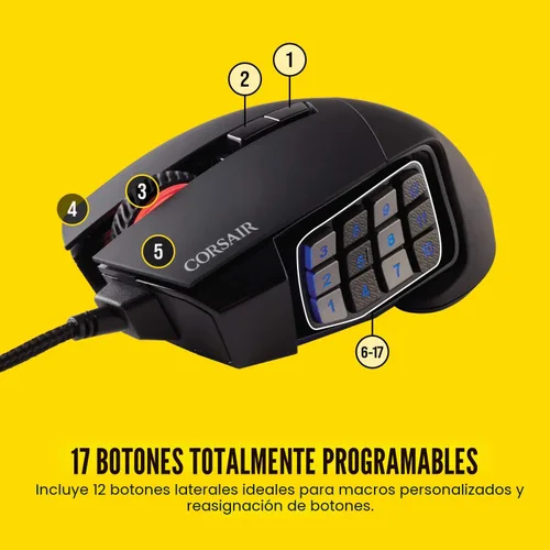 Vista 3 de Corsair Scimitar RGB Elite Mouse para juegos MOBA/MMO con cable - 18,000 DPI - 17 botones programables - Compatible con iCUE - PC, Mac, PS5, PS4