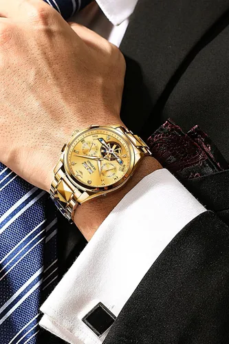 Vista 3 de OUPINKE Gold Men Automatic Mechanical Wrist Watches Luxury Dress Tungsten Steel Luminous Waterproof Sapphire Diamond Calendar Best Gifts Men