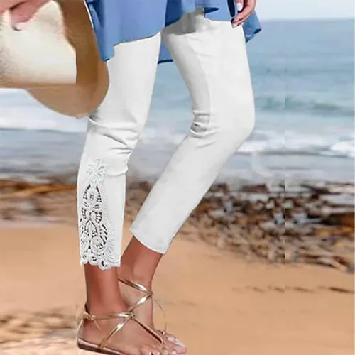 Vista 2 de Featur - Leggings de yoga recortados para mujer, cintura alta, pantalones capri elásticos con costuras de encaje, talla grande, pantalones
