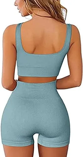 Vista 2 de fatty tiger Conjuntos de entrenamiento acanalados para mujer, 2 piezas, trajes de gimnasio, ombligueras, pantalones cortos de cintura alta