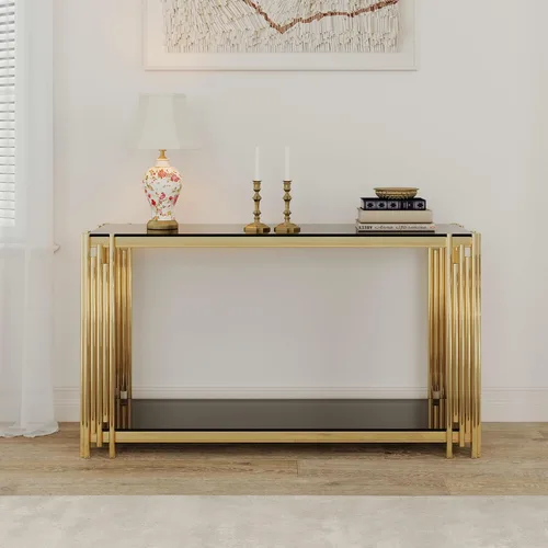 Vista 3 de SSLine Mesa consola moderna de lujo, mesa rectangular de cristal para entrada de pasillo, sala de estar, almacenamiento de 2 niveles, diseño
