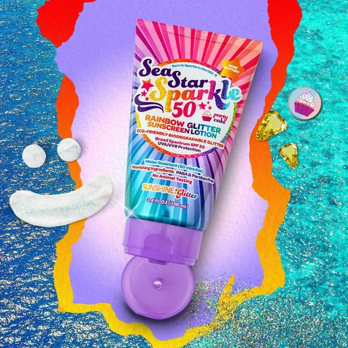 Vista 3 de Sea Star Sparkle Pastel de fiesta Protector solar con purpurina biodegradable SPF 50 para niños Arco iris Amplio espectro UVA/UVB