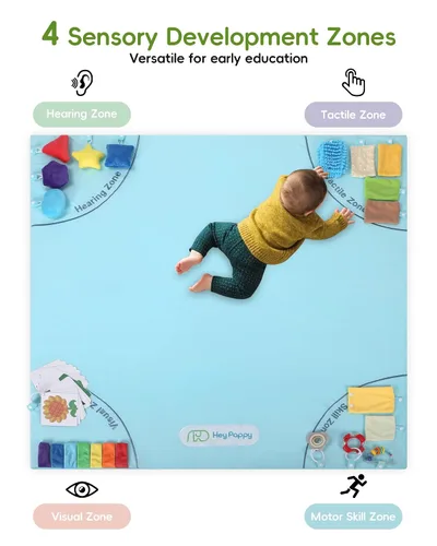 Vista 2 de Alfombra de juego para bebé, alfombrillas únicas para gatear con 4 zonas de desarrollo sensorial para habilidades motoras, alfombrillas de 50 x 50