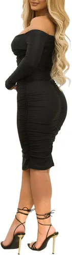 Vista 2 de Elainone Vestido midi fruncido de manga larga con hombros descubiertos para mujer, vestido de invitada de boda, elegante, cóctel, fiesta, club