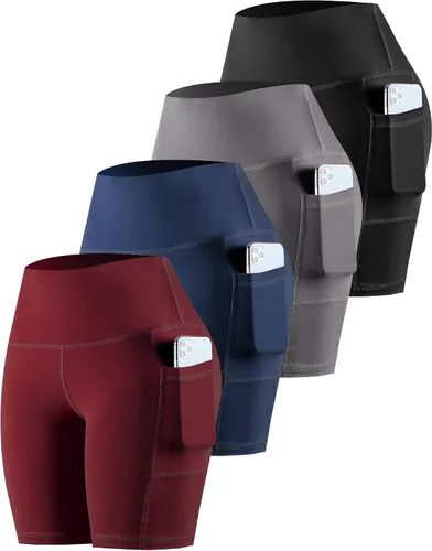 Vista 33 de CHRLEISURE - Pantalones cortos de ciclismo para mujer con bolsillos de licra, cintura alta, con control de abdomen para entrenamiento, yoga