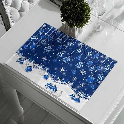 Vista 7 de Juego de 6 manteles individuales de mesa de Navidad, manteles individuales de algodón y lino antideslizantes lavables, bolas de Navidad, copos