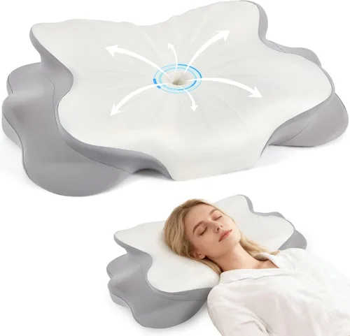 Vista 7 de Almohada cervical para aliviar el dolor de cuello, almohada ergonómica de espuma viscoelástica con funda de almohada de seda de hielo, almohada
