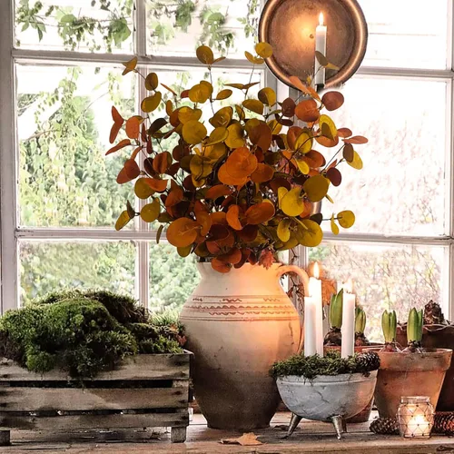 Vista 3 de 4 piezas de hojas artificiales de eucalipto de otoño, plantas de tallos verdes para el hogar, arreglo floral, boda, fiesta, otoño, Acción