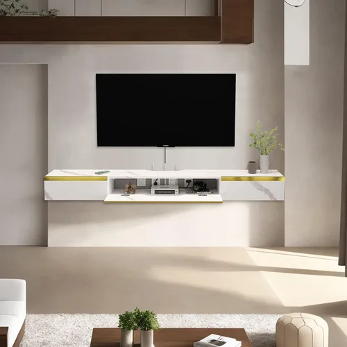Vista 5 de Pmnianhua Estante Flotante de TV con Cajones, Consola de TV Montada en Pared de 59'', Estante de Medios de Entretenimiento con 2 Cajones y 1 Puerta