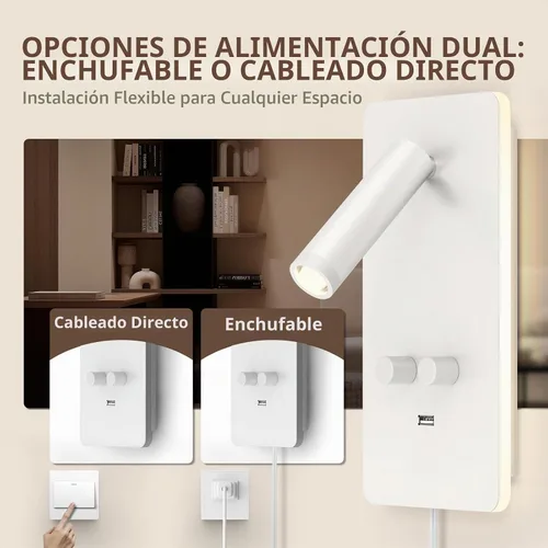 Vista 2 de M04 - Apliques regulables para montaje en pared, luz de lectura, lámpara de noche con puerto USB, enchufable, lámparas de pared con cable duro