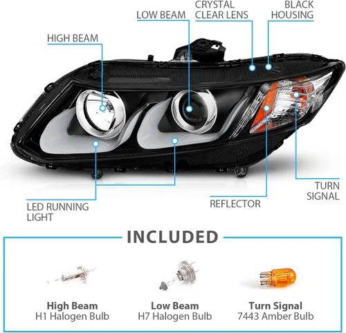 Vista 4 de AmeriLite Juego de faros delanteros de repuesto con proyector para Honda Civic Sedan/Coupé, doble barra LED, color negro, lado del pasajero