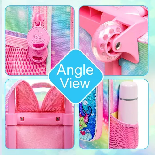 Vista 6 de Mochila con ruedas para niñas y niños, 3 unidades, con ruedas, con lonchera, mochilas con ruedas para primaria
