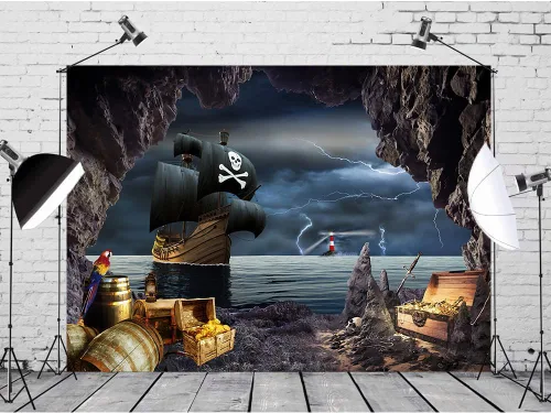 Vista 2 de Telón de fondo de barco pirata de 7 x 5 pies, aventura náutica, búsqueda del tesoro, fotografía, telón de fondo, temática pirata, decoraciones