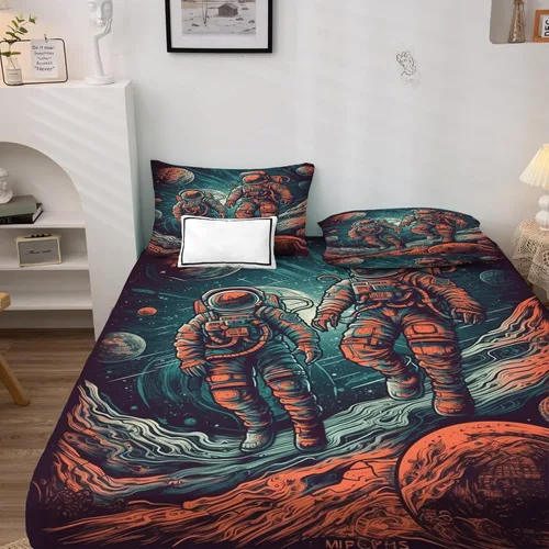 Vista 2 de NOGAWA Juego de sábanas de astronauta tamaño individual XL, sábanas espaciales, sábanas y fundas de almohada estampadas de 3 piezas, sábana bajera
