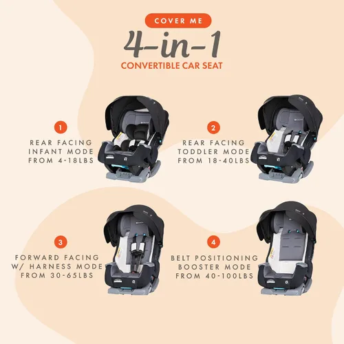 Vista 5 de Baby Trend Cover Me - Asiento convertible 4 en 1 para niños pequeños con toldo ajustable/extraíble para protección solar y 2 portavasos, color negro
