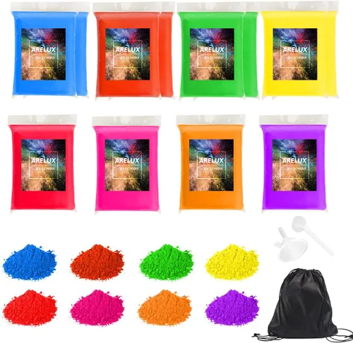 Vista 6 de ARELUX Holi Color Run Powder - Paquete de 12 unidades de 2.8 onzas cada uno de colores surtidos naturales Rangoli en polvo a granel, pintura de tiza