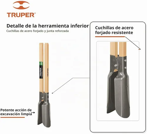 Vista 4 de Truper - 30370 Tru built - Excavadora manual de postes para jardín, 42 pulgadas., asas de madera, 45" Mango de madera de 48 pulgadas, cuchillas