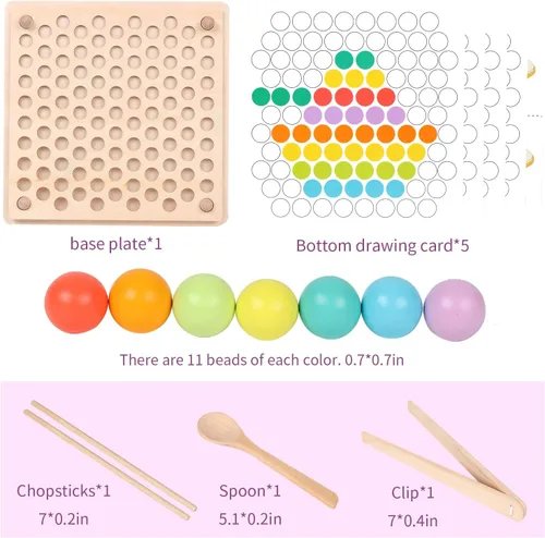 Vista 3 de QZMTOY Juego de cuentas de madera con clavijas, juguetes Montessori de aprendizaje, clasificación de colores, juguetes a juego apilables para niños