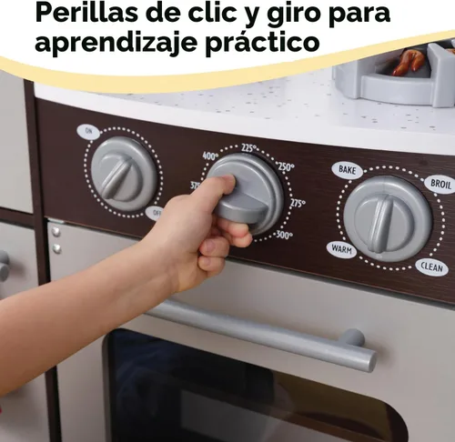 Vista 7 de KidKraft Ultimate - Cocina de esquina de madera con luces y sonidos, teléfono de juego y cortinas, Espresso, regalo para niños de 3 años en adelante