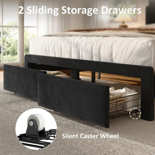 Vista 3 de Base de cama de tamaño matrimonial, cama de plataforma tapizada con 2 cajones de almacenamiento, cabecera de canal vertical de terciopelo con luces