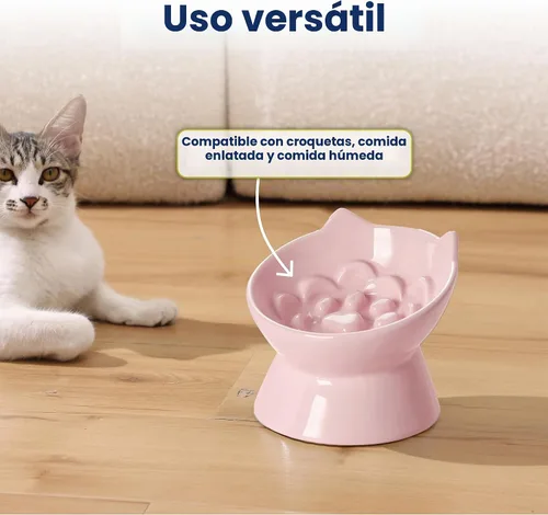 Vista 6 de PawsPik Lynx - Cuenco elevado de cerámica para perros y gatos, color rosa Quartz rosa