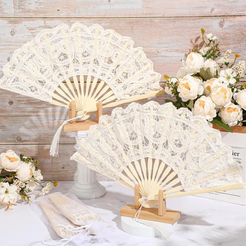 Vista 3 de Beeveer - 6 abanicos de mano plegables de encaje para boda, algodón bordado, color beige Bamboo Staves Silk Tassels, Vintage Retro, Handheld