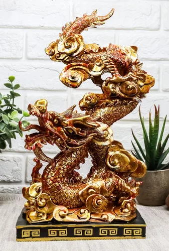 Vista 6 de Ebros Gift Estatua decorativa del rey dragón dorado con base de pedestal negro de 10.25 pulgadas de alto, estatua oriental legendaria de Yin Yang