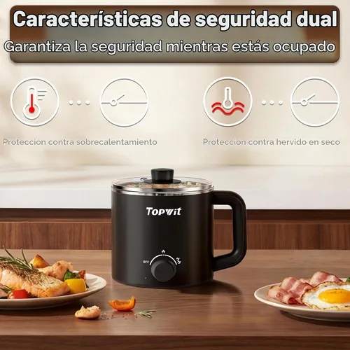 Vista 6 de Topwit Olla eléctrica, olla eléctrica, olla ramen de 1.6 L, olla eléctrica multifuncional para pasta, shabu-shabu, avena, sopa y huevo con Negro
