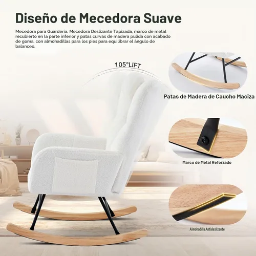 Vista 4 de Silla mecedora tapizada para guardería, mecedora tapizada con asiento acolchado con respaldo alto, silla auxiliar cómoda Beige