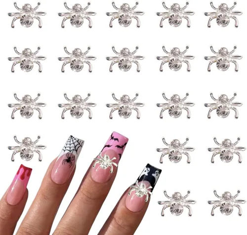 Vista 11 de Dijes de araña 3D para uñas de araña, dijes de araña plateada para uñas, incrustaciones de gemas rojas y rosas, punk, retro, diamantes de imitación