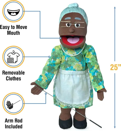 Vista 3 de Marioneta estilo ventrílocuo de 25 pulgadas, abuelita negra, cuerpo completo
